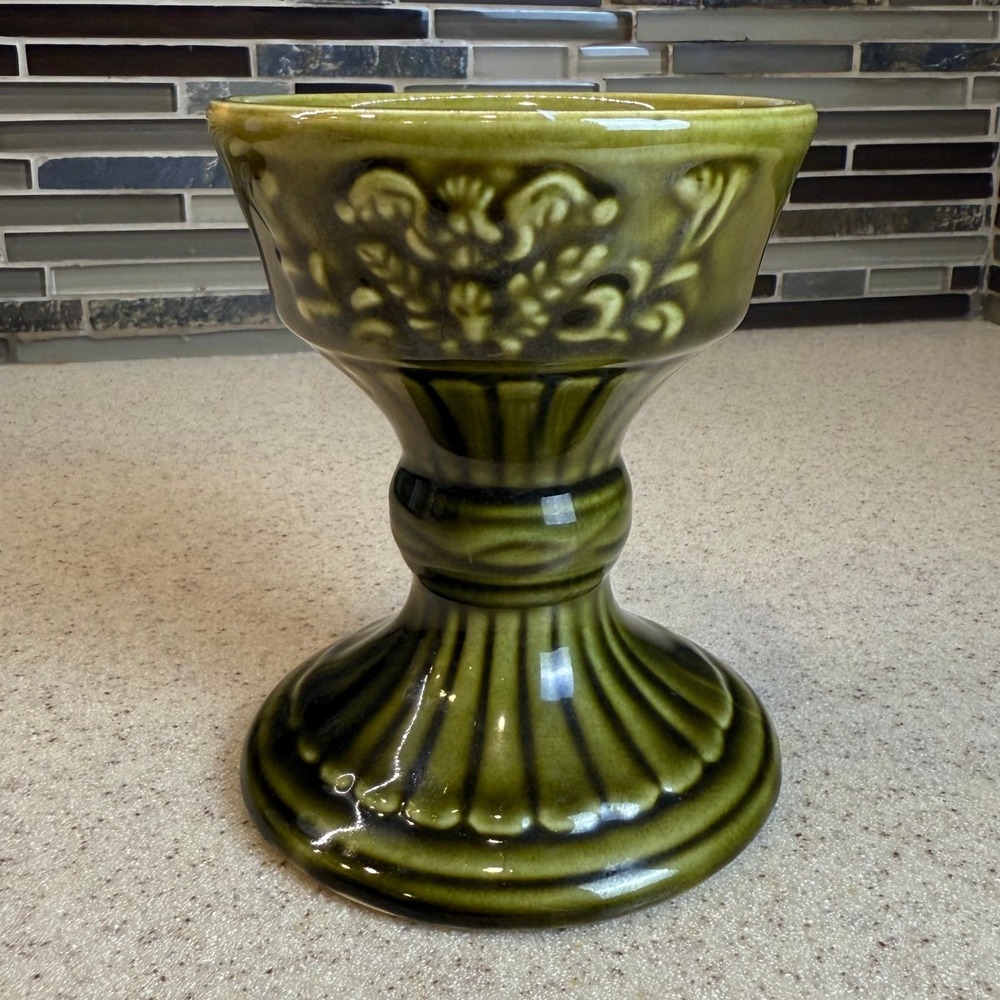Vintage Huttinger's Candle Room Green Drip Glaze Ceramic Pedestal Candle Holder
